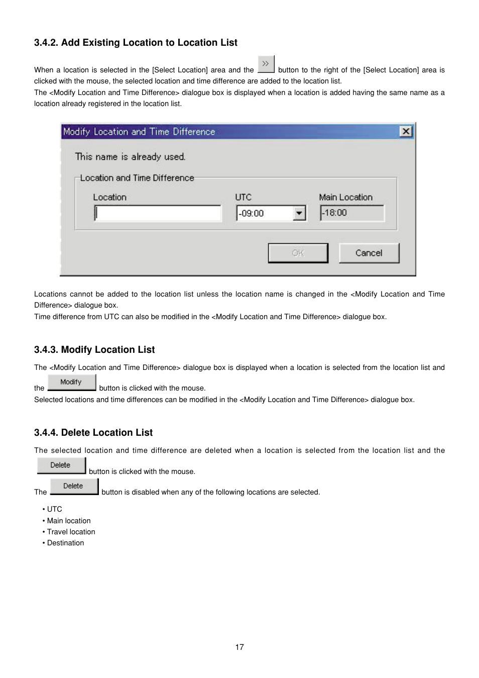 Add existing location to location list, Modify location list, Delete location list | CITIZEN MG0000 User Manual | Page 146 / 157