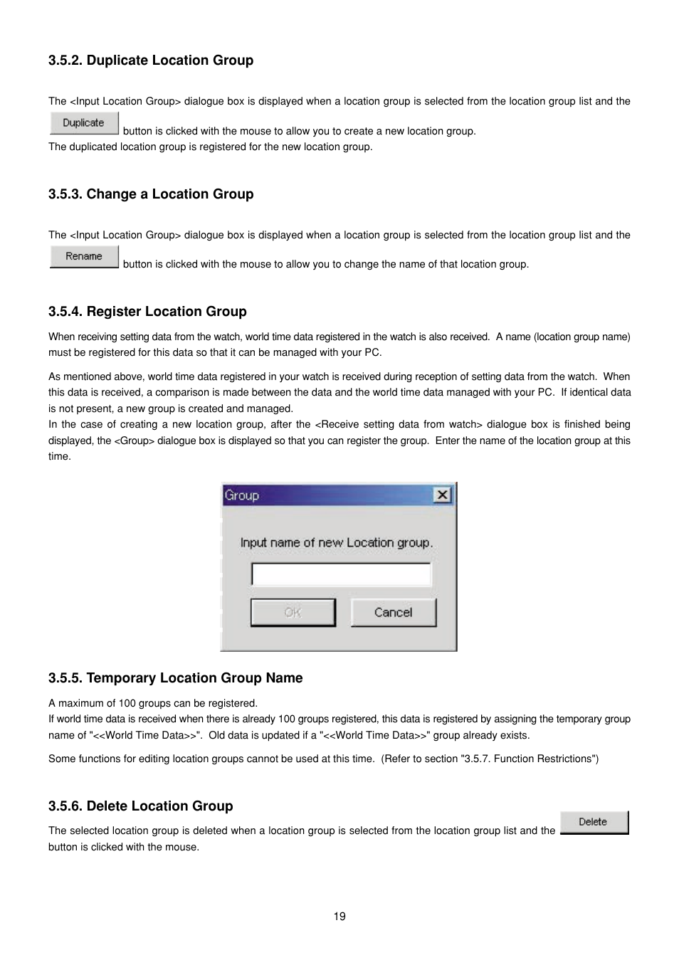Duplicate location group, Change a location group, Register location group | Temporary location group name, Delete location group | CITIZEN MG0000 User Manual | Page 148 / 157