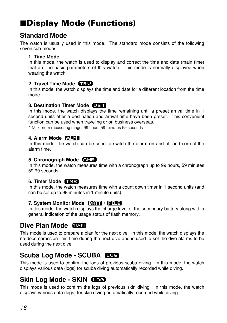 Display mode (functions), Standard mode, Dive plan mode | Scuba log mode - scuba, Skin log mode - skin | CITIZEN MG0000 User Manual | Page 18 / 157
