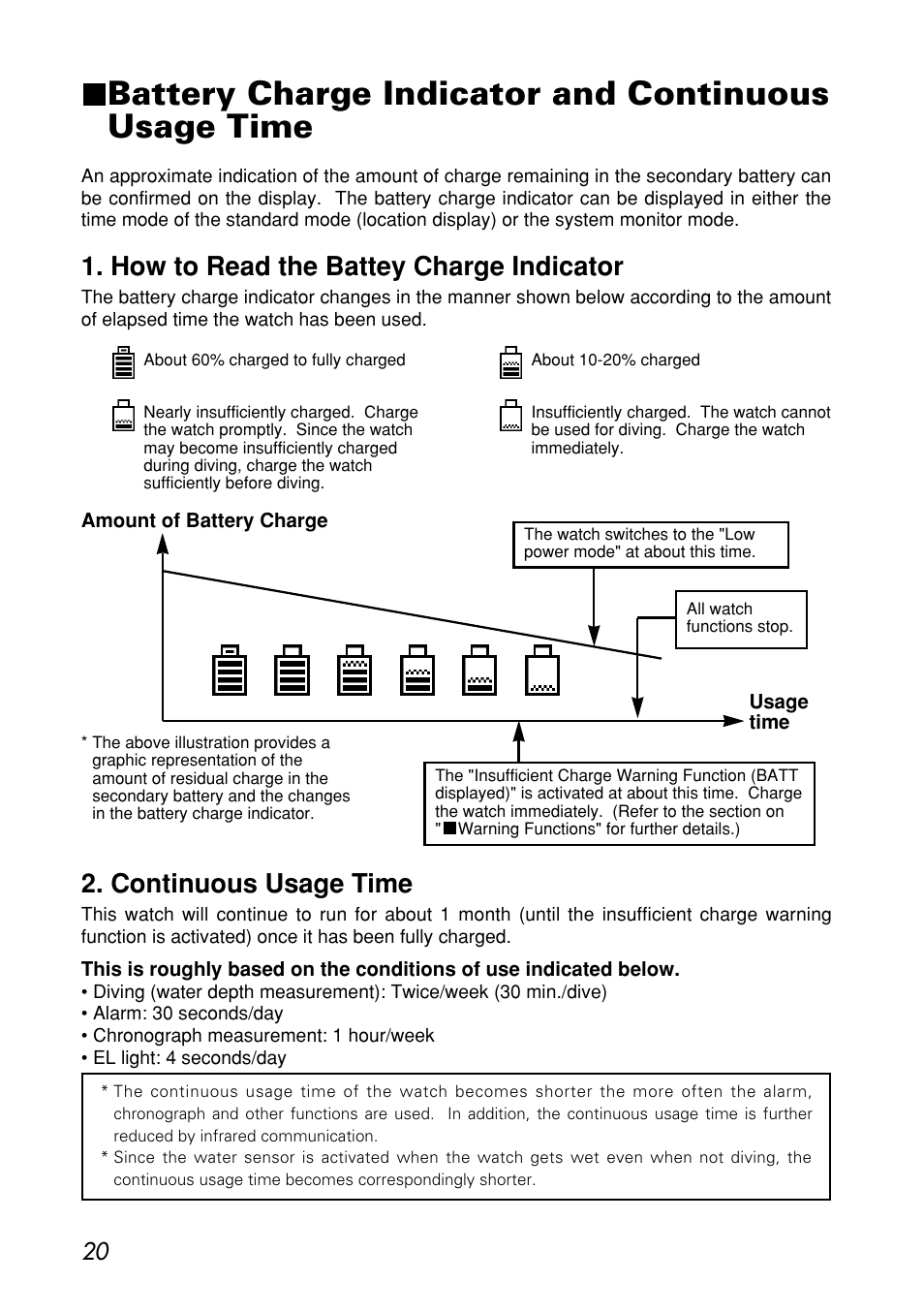 Battery charge indicator and continuous usage time, How to read the battery charge indicator, Continuous usage time | How to read the battey charge indicator | CITIZEN MG0000 User Manual | Page 20 / 157
