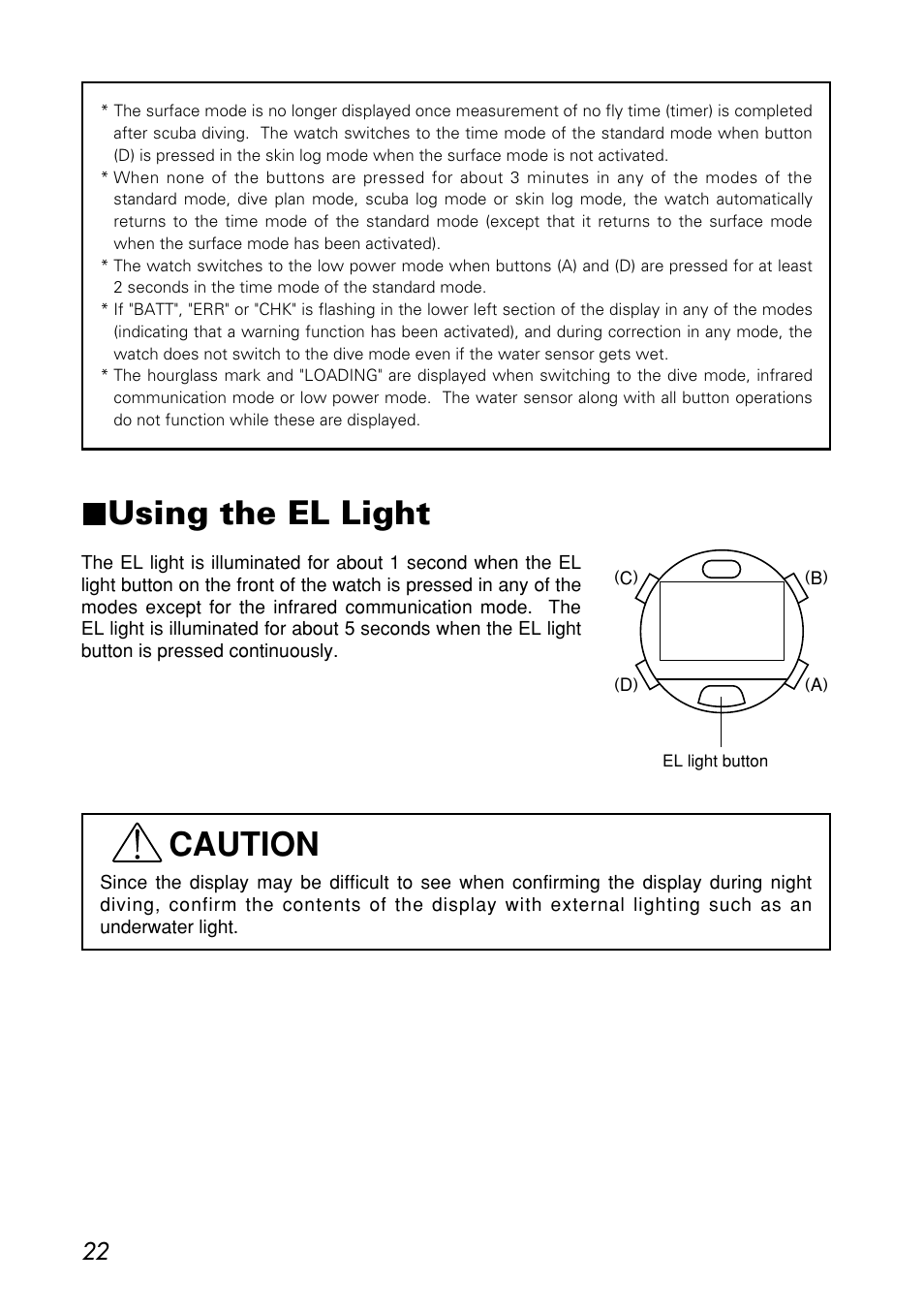 Using the el light, Caution | CITIZEN MG0000 User Manual | Page 22 / 157