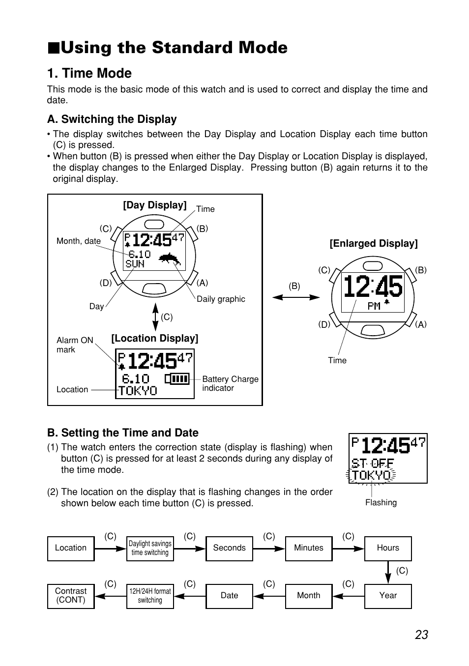 Using the standard mode, Time mode, A. switching the display | B. setting the time and date | CITIZEN MG0000 User Manual | Page 23 / 157