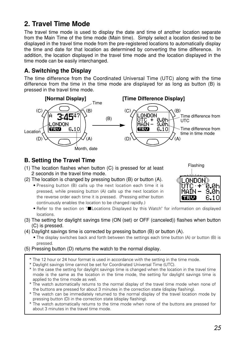 Travel time mode, A. switching the display, B. setting the travel time | CITIZEN MG0000 User Manual | Page 25 / 157