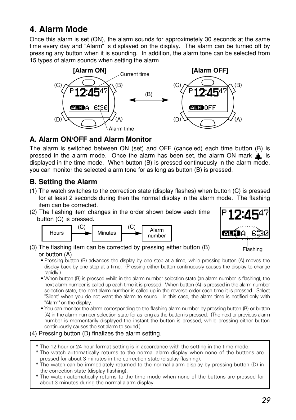 Alarm mode, A. alarm on/off and alarm monitor, B. setting the alarm | CITIZEN MG0000 User Manual | Page 29 / 157