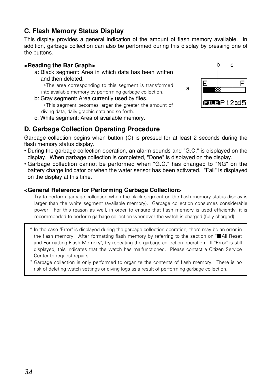 C. flash memory status display, D. garbage collection operating procedure | CITIZEN MG0000 User Manual | Page 34 / 157