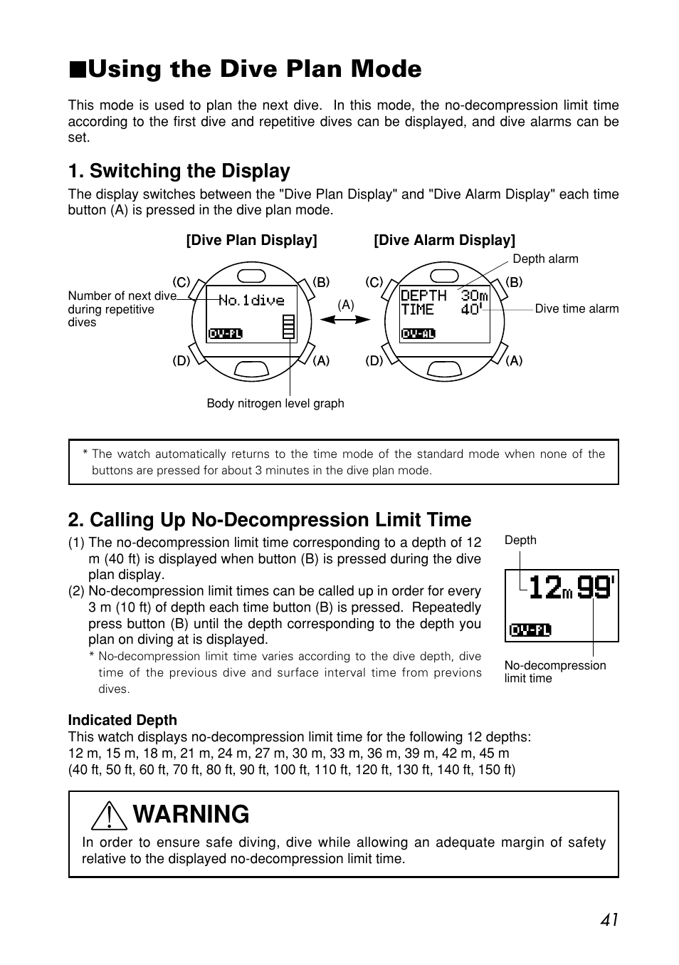 Using the dive plan mode, Switching the display, Calling up no-decompression limit time | Warning | CITIZEN MG0000 User Manual | Page 41 / 157