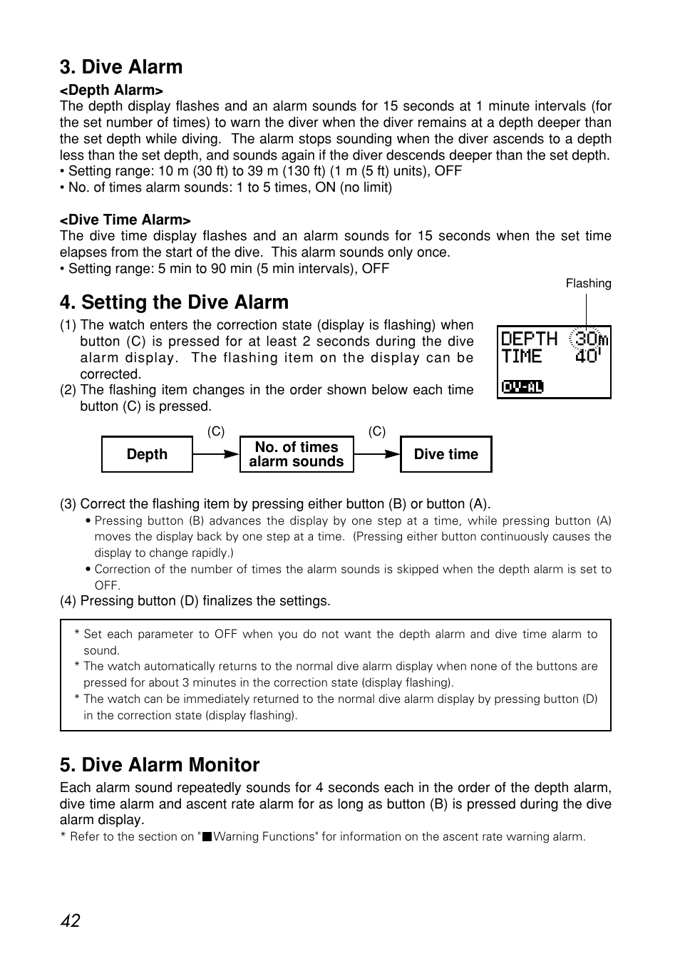 Dive alarm, Setting the dive alarm, Dive alarm monitor | CITIZEN MG0000 User Manual | Page 42 / 157