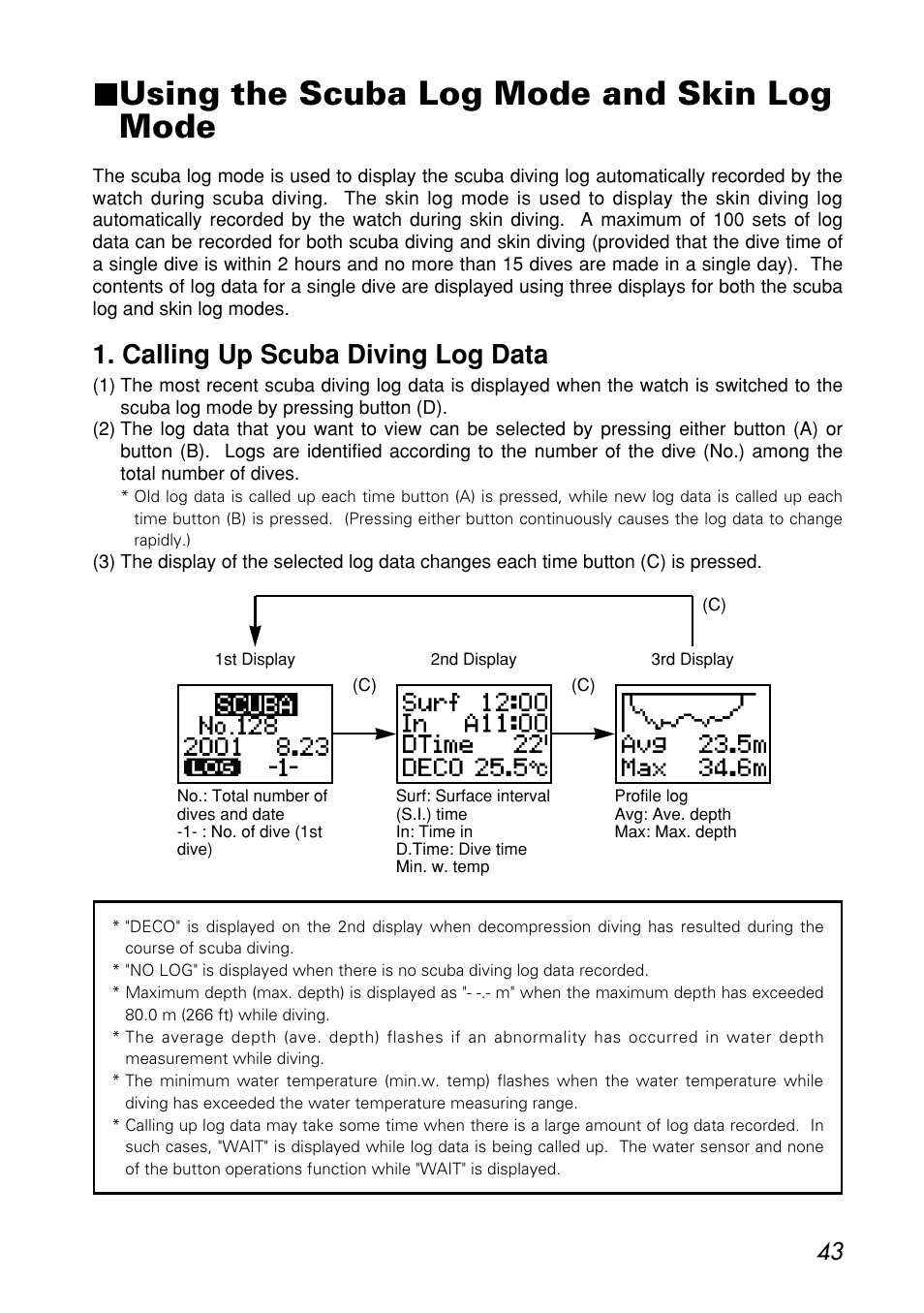 Using the scuba log mode and skin log mode, Calling up scuba diving log data | CITIZEN MG0000 User Manual | Page 43 / 157