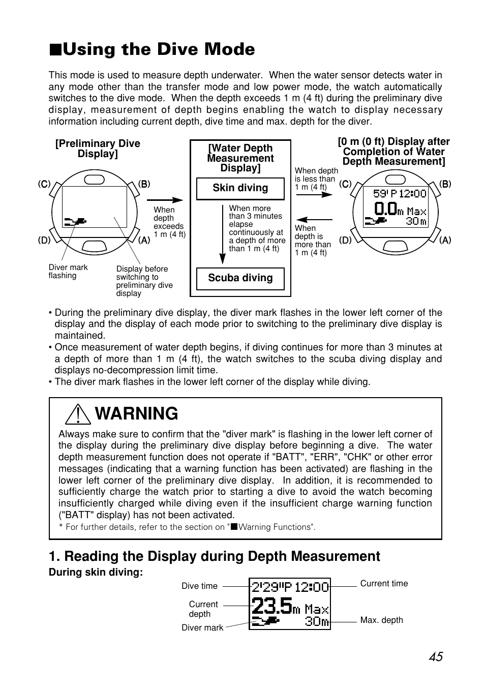 Using the dive mode, Reading the display during depth measurement, Warning | CITIZEN MG0000 User Manual | Page 45 / 157