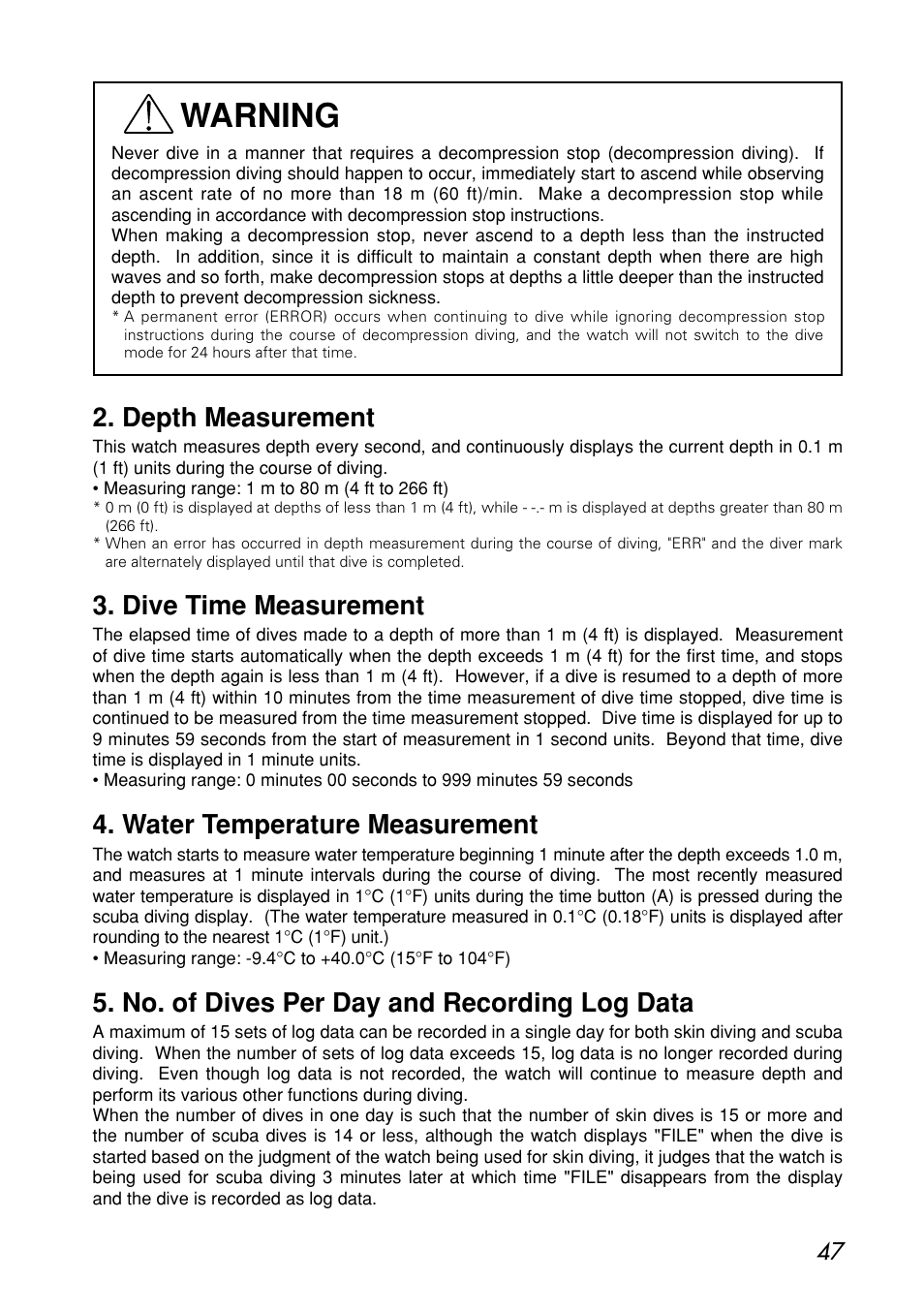 Depth measurement, Dive time measurement, Water temperature measurement | No. of dives per day and recording log data, Warning | CITIZEN MG0000 User Manual | Page 47 / 157