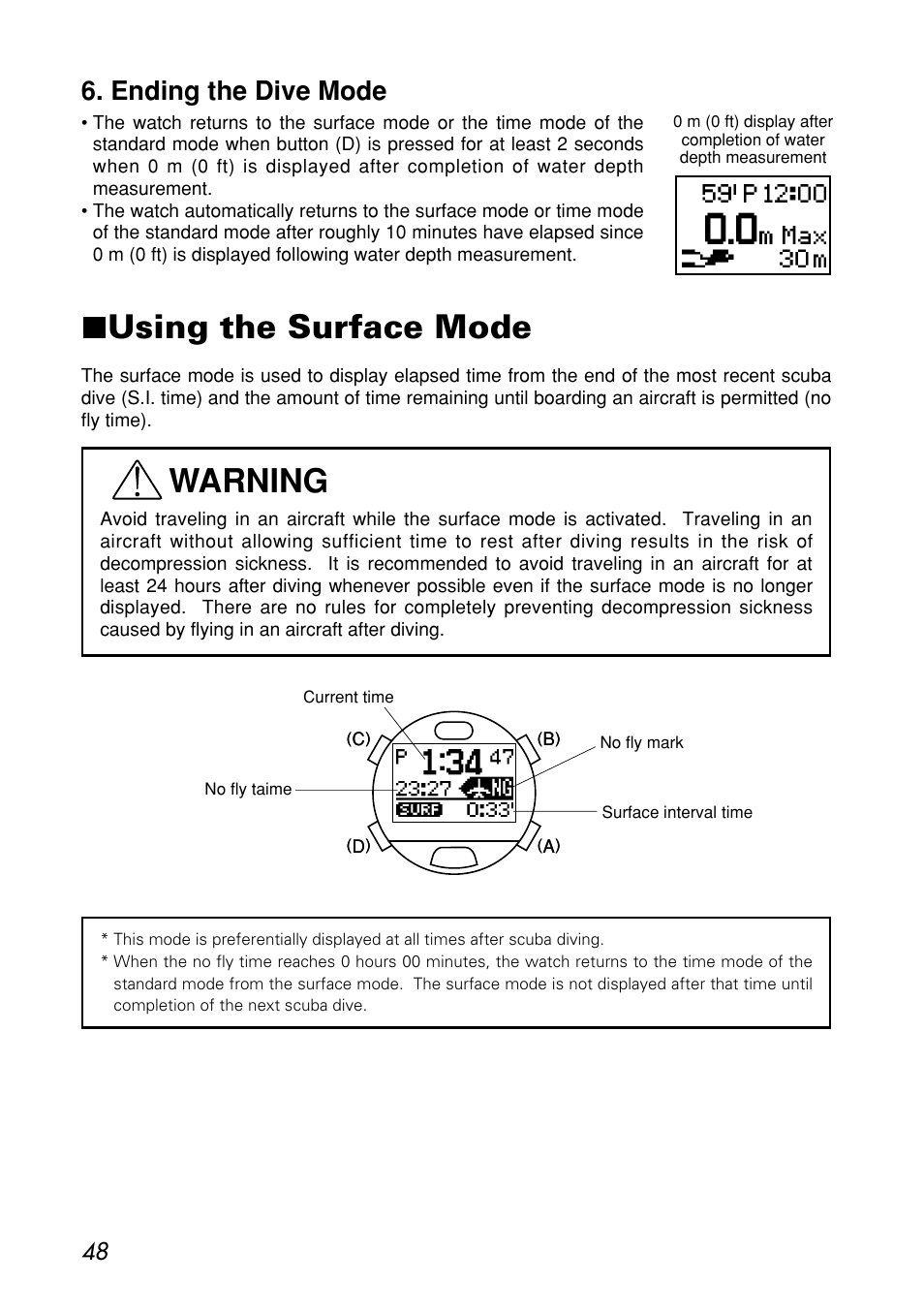 Ending the dive mode, Using the surface mode, Warning | CITIZEN MG0000 User Manual | Page 48 / 157