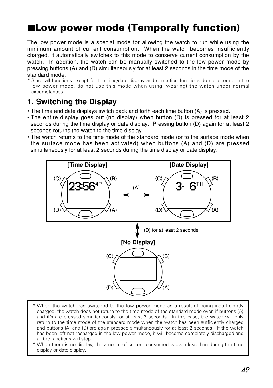 Low power mode (temporally function), Switching the display | CITIZEN MG0000 User Manual | Page 49 / 157