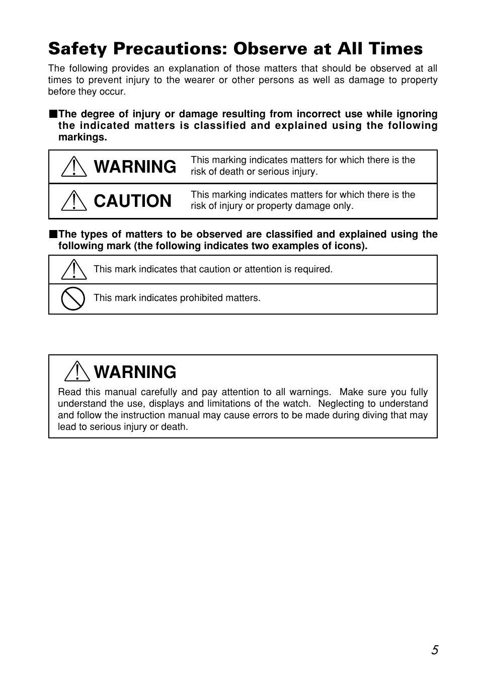 Safety precautions: observe at all times, Warning, Caution | CITIZEN MG0000 User Manual | Page 5 / 157