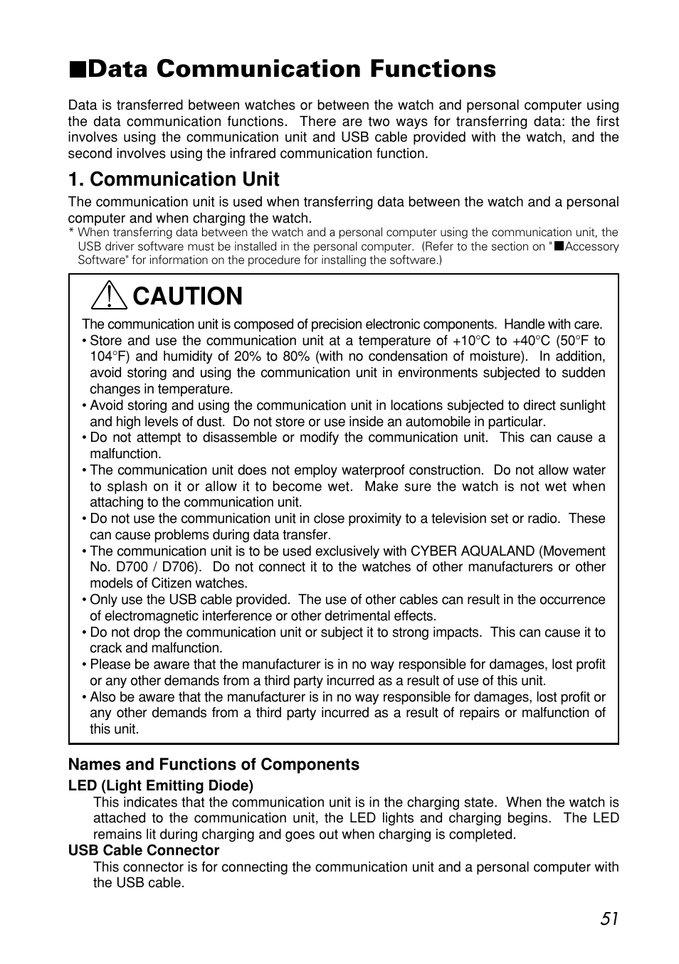 Data communication functions, Communication unit, Caution | CITIZEN MG0000 User Manual | Page 51 / 157