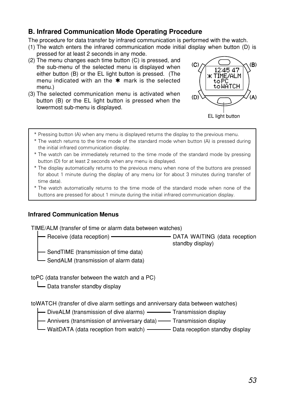B. infrared communication mode operating procedure | CITIZEN MG0000 User Manual | Page 53 / 157