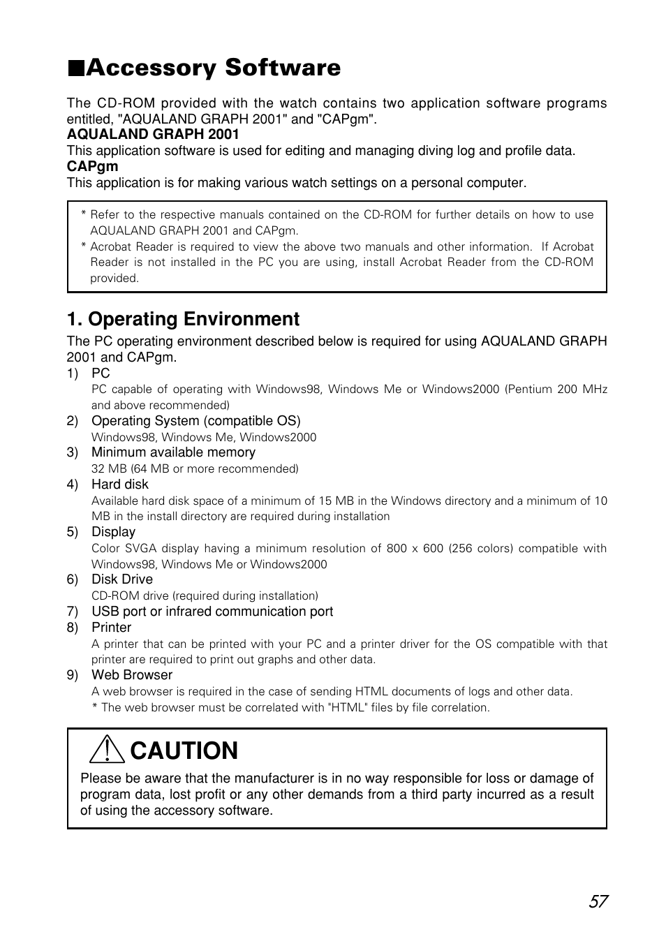 Accessory software, Operating environment, Caution | CITIZEN MG0000 User Manual | Page 57 / 157