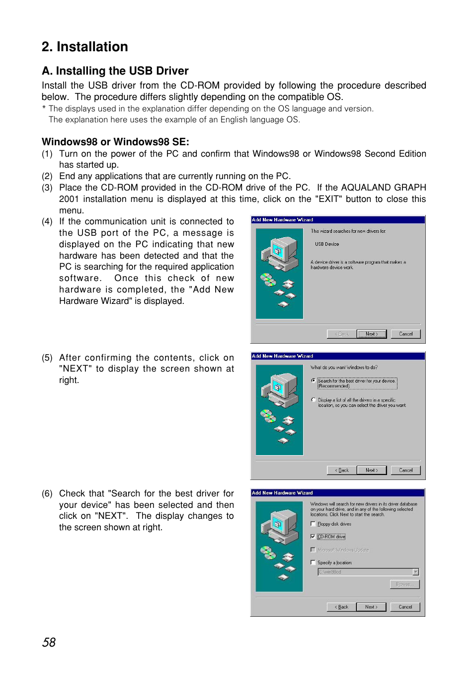 Installation, A. installing the usb driver | CITIZEN MG0000 User Manual | Page 58 / 157