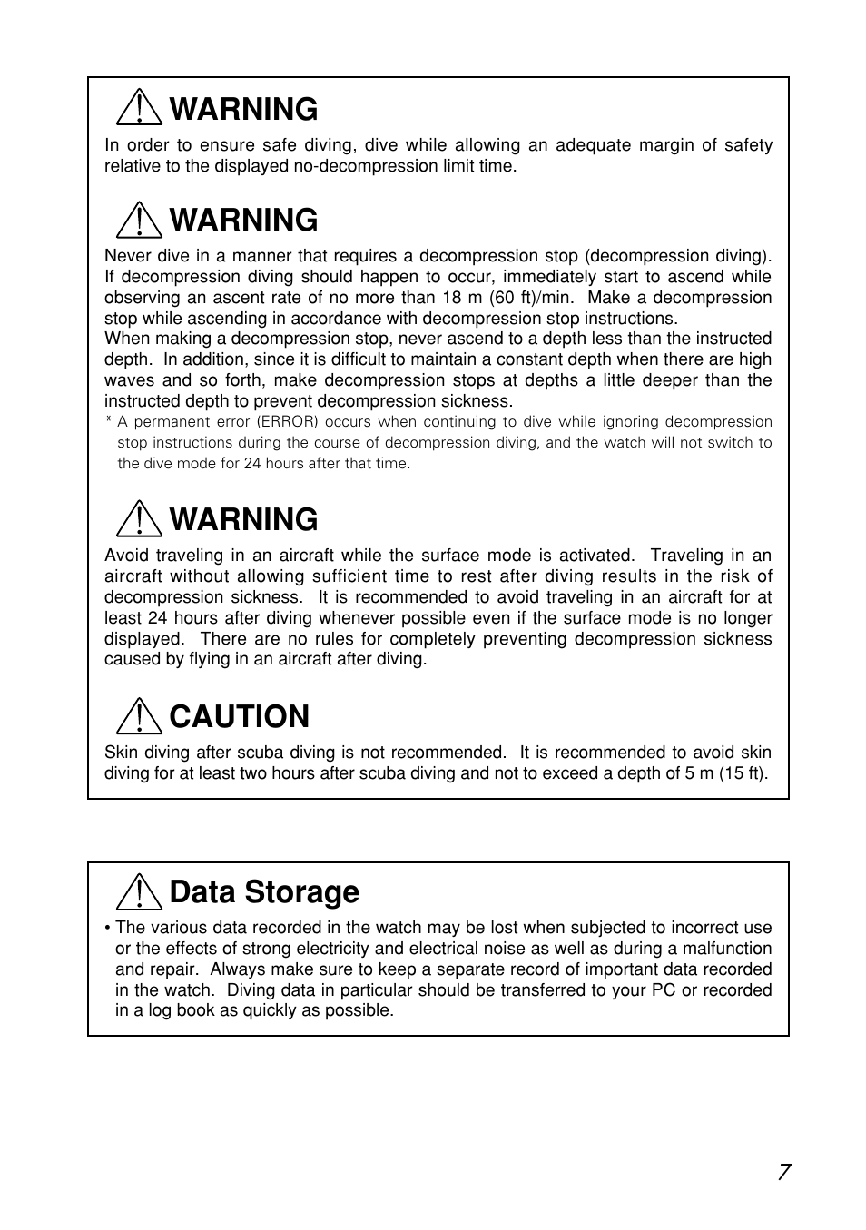 Warning, Caution, Data storage | CITIZEN MG0000 User Manual | Page 7 / 157