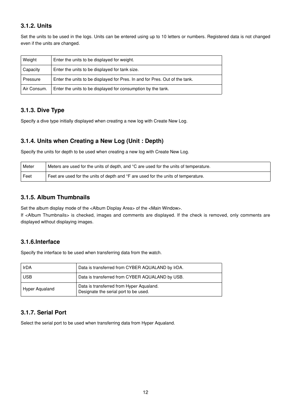 Units, Dive type, Units when creating a new log | Unit : depth), Album thumbnails, Interface, Serial port, Units when creating a new log (unit : depth) | CITIZEN MG0000 User Manual | Page 83 / 157