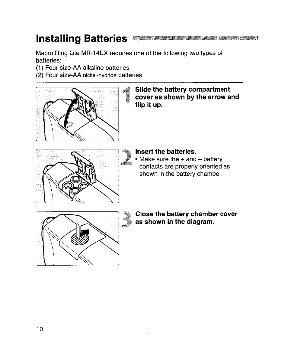 Installing batteries, Insert the batteries | Canon MR-14EX User Manual | Page 10 / 90