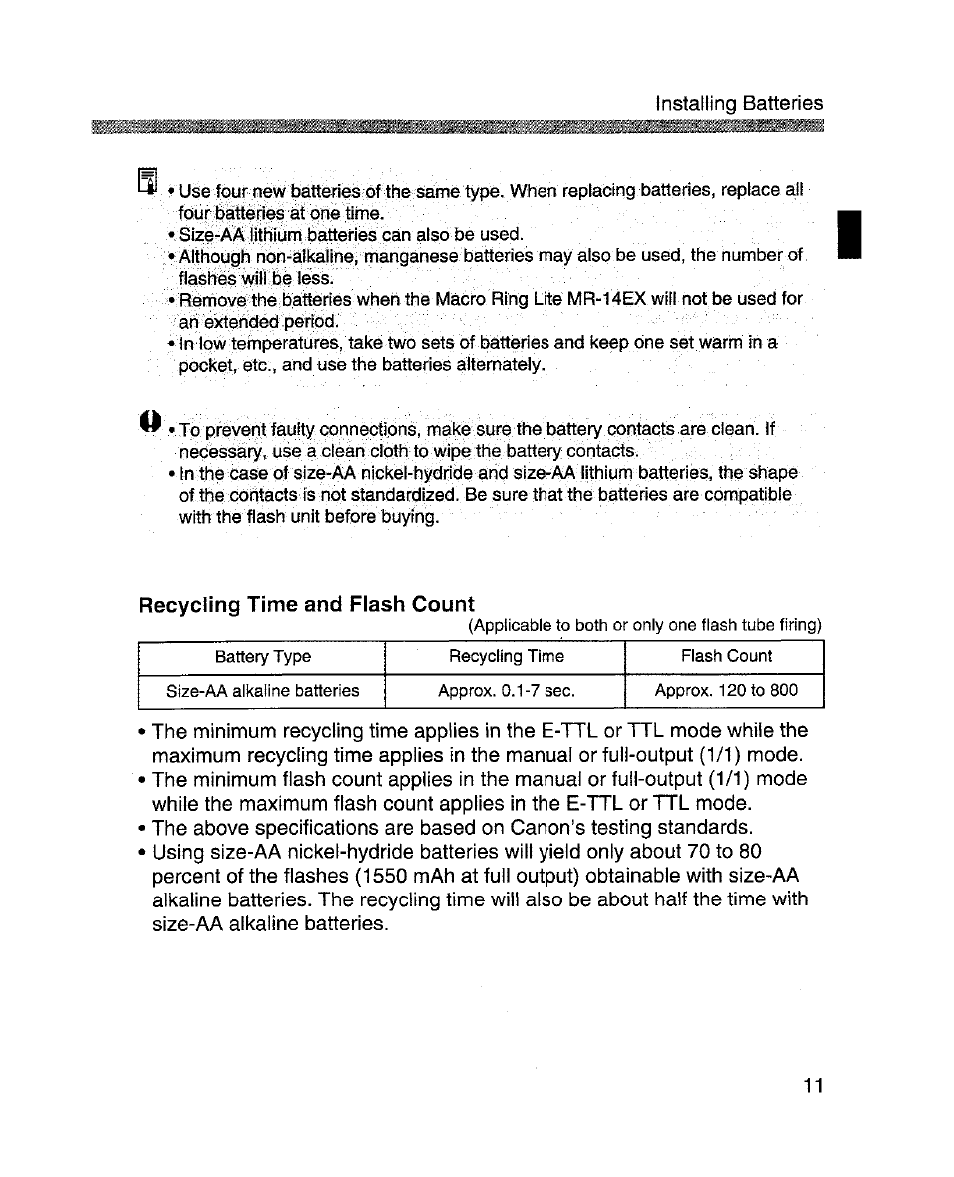 Recycling time and flash count | Canon MR-14EX User Manual | Page 11 / 90