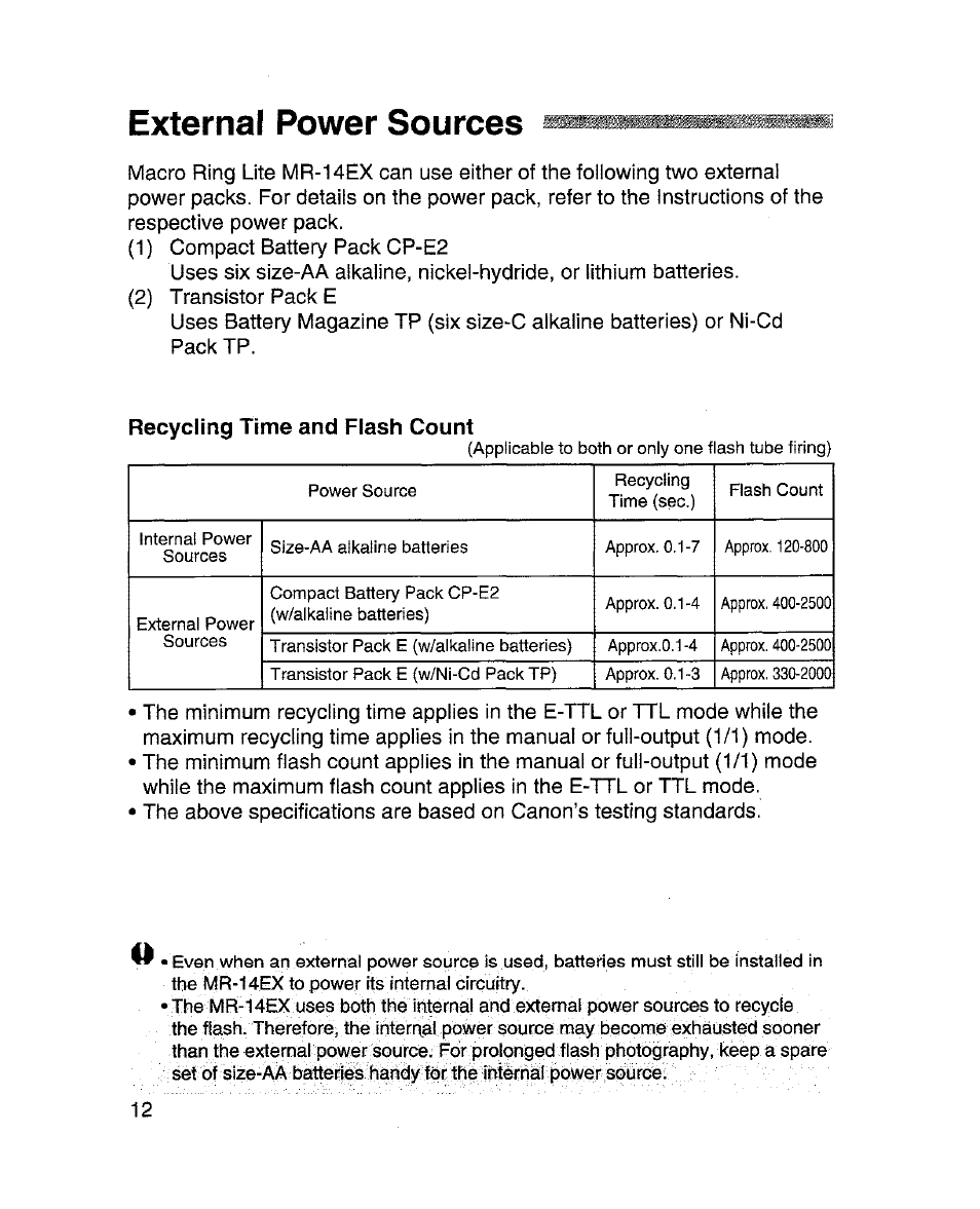 External power sources | Canon MR-14EX User Manual | Page 12 / 90