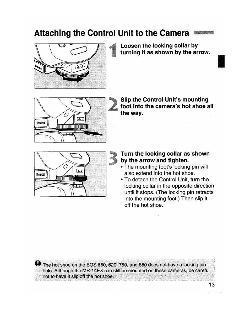Attaching the control unit to the camera | Canon MR-14EX User Manual | Page 13 / 90