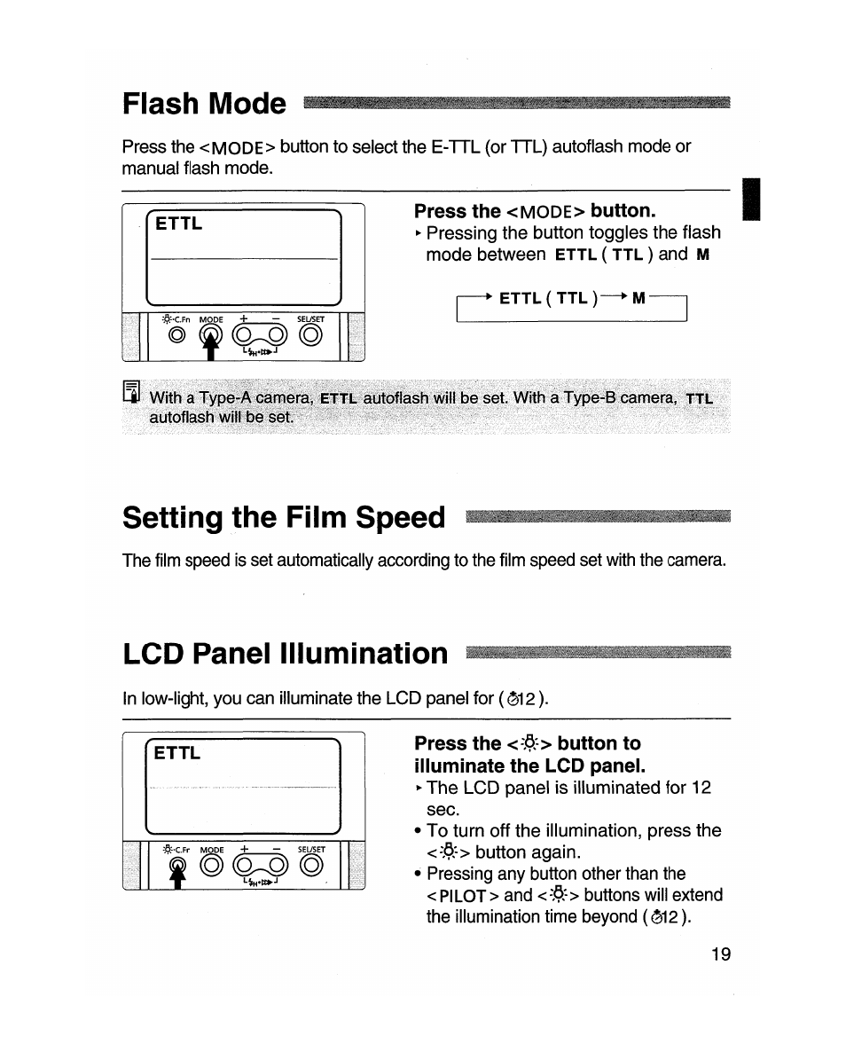 Flash mode, Press the <mode> button, Setting the film speed | Lcd panel illumination, Press the <-^-> button to illuminate the lcd panel, И ^ 2 ) | Canon MR-14EX User Manual | Page 19 / 90