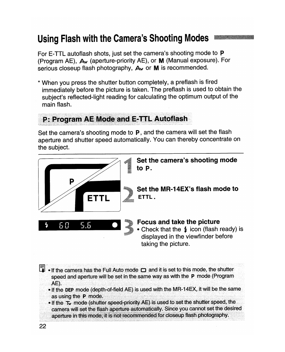 Using flash with the camera’s shooting modes, Set the camera’s shooting mode to p, Set the mr-14ex’s flash mode to ettl | Focus and take the picture | Canon MR-14EX User Manual | Page 22 / 90