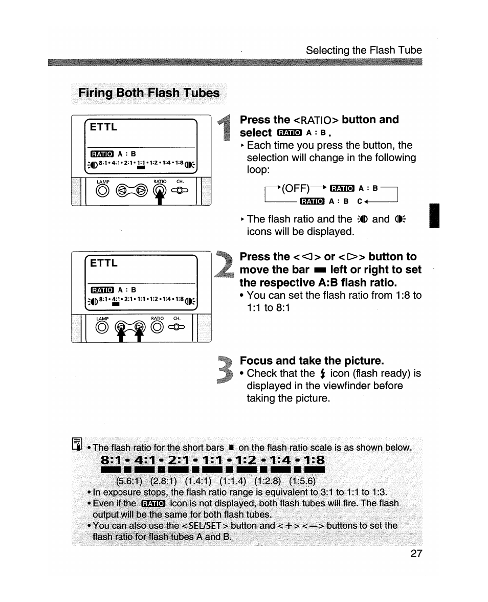 Press the <ratio> button and select a : b, Focus and take the picture, Firing both flash tubes | Canon MR-14EX User Manual | Page 27 / 90