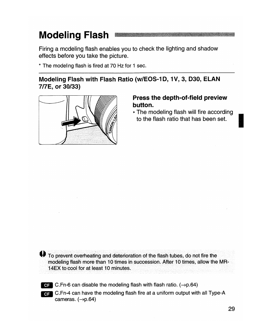 Modeling flash, Press the depth-of-field preview button | Canon MR-14EX User Manual | Page 29 / 90