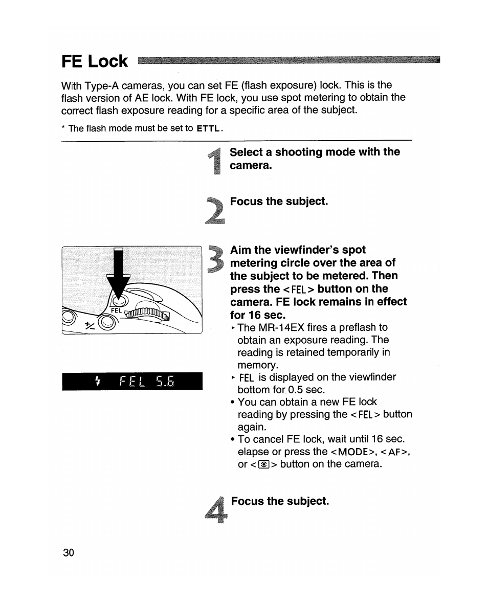 Fe lock, Select a shooting mode with the camera, Focus the subject | Canon MR-14EX User Manual | Page 30 / 90