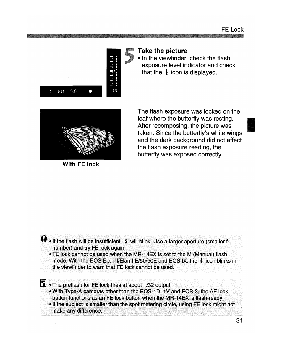 Take the picture, With fe lock | Canon MR-14EX User Manual | Page 31 / 90