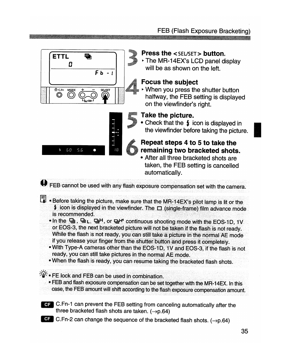 Press the <sel/set> button, Focus the subject, Take the picture | F b - i | Canon MR-14EX User Manual | Page 35 / 90