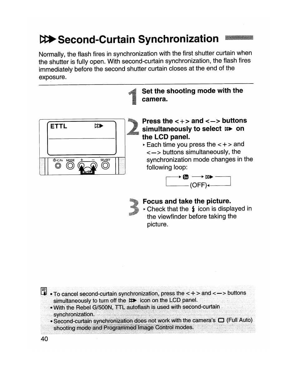 Second-curtain synchronization, Set the shooting mode with the camera, Focus and take the picture | W» second-curtain synchronization | Canon MR-14EX User Manual | Page 40 / 90