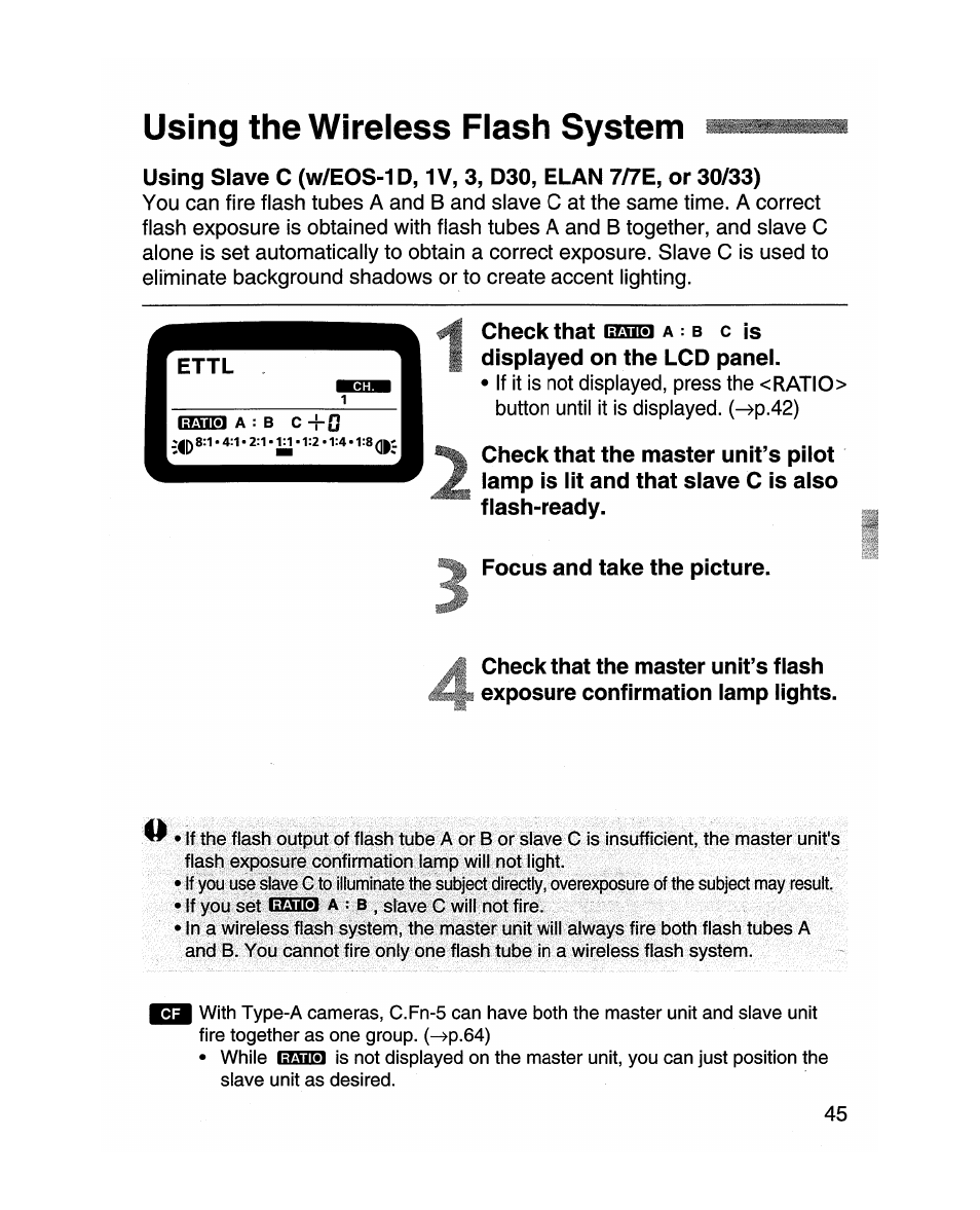 Using the wireless flash system, Focus and take the picture | Canon MR-14EX User Manual | Page 45 / 90