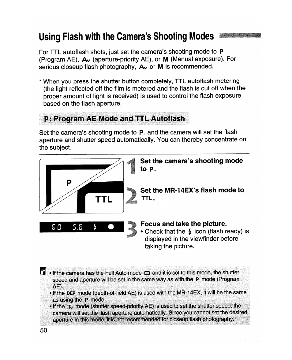 Using flash with the camera’s shooting modes, Set the camera’s shooting mode to p, Set the mr-14ex’s flash mode to ttl | Focus and take the picture | Canon MR-14EX User Manual | Page 50 / 90