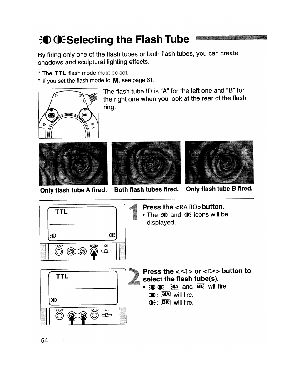 Id deselecting the flash tube, Press the <ratio>button, Ok-selecting the flash tube | Canon MR-14EX User Manual | Page 54 / 90