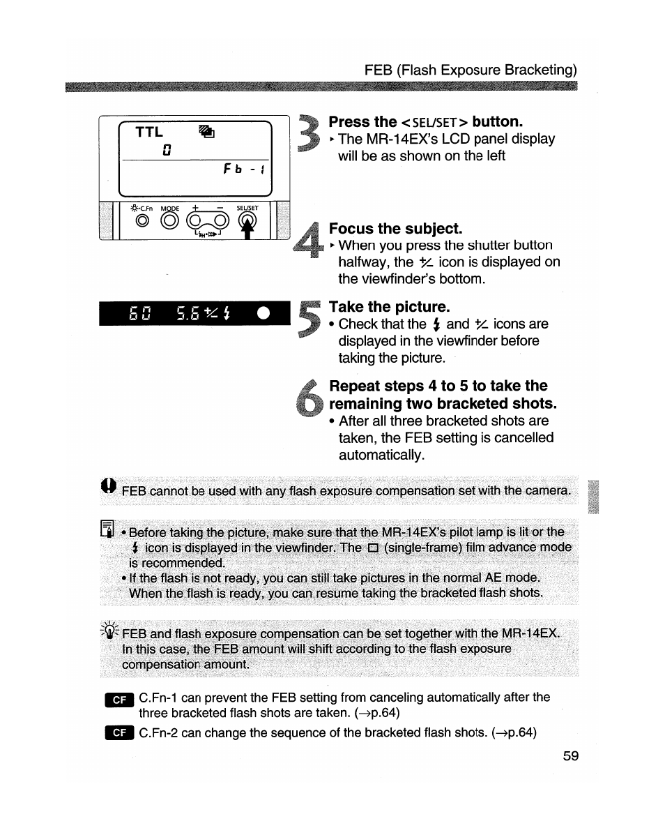 Press the <sei7set> button, Focus the subject, Take the picture | Repeat steps 4 to 5 to take the, Remaining two bracketed shots | Canon MR-14EX User Manual | Page 59 / 90