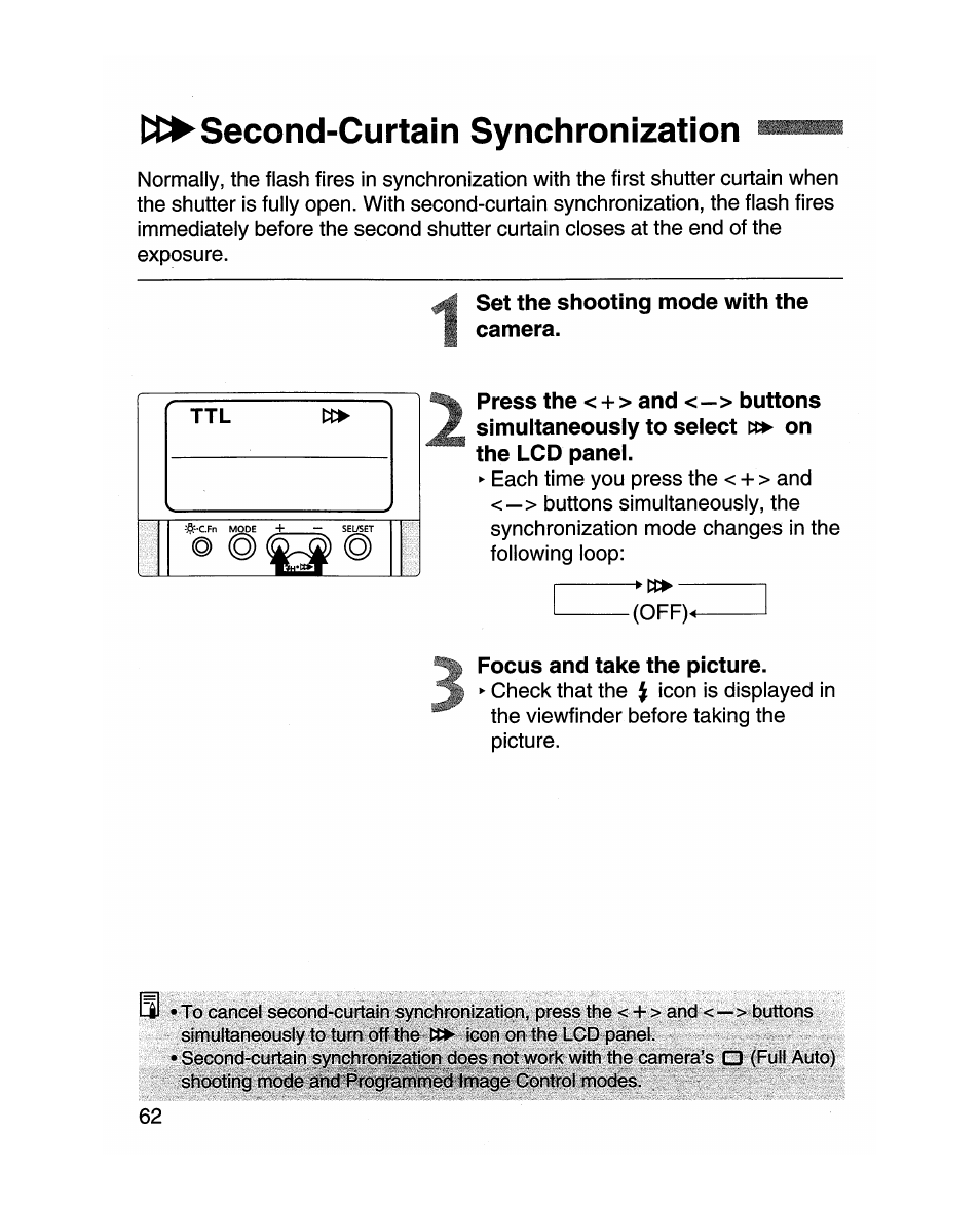 Second-curtain synchronization, Set the shooting mode with the camera, Focus and take the picture | Canon MR-14EX User Manual | Page 62 / 90