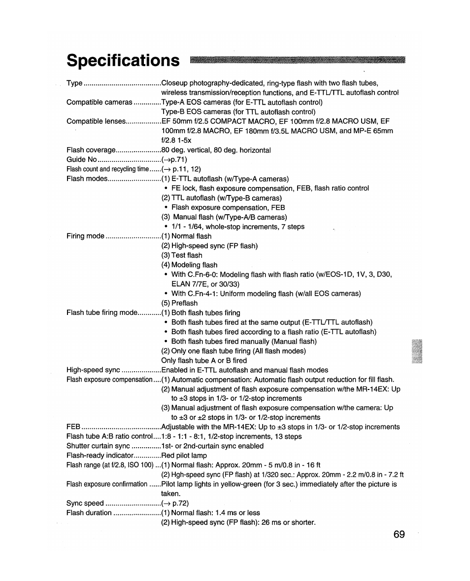 Specifications | Canon MR-14EX User Manual | Page 69 / 90