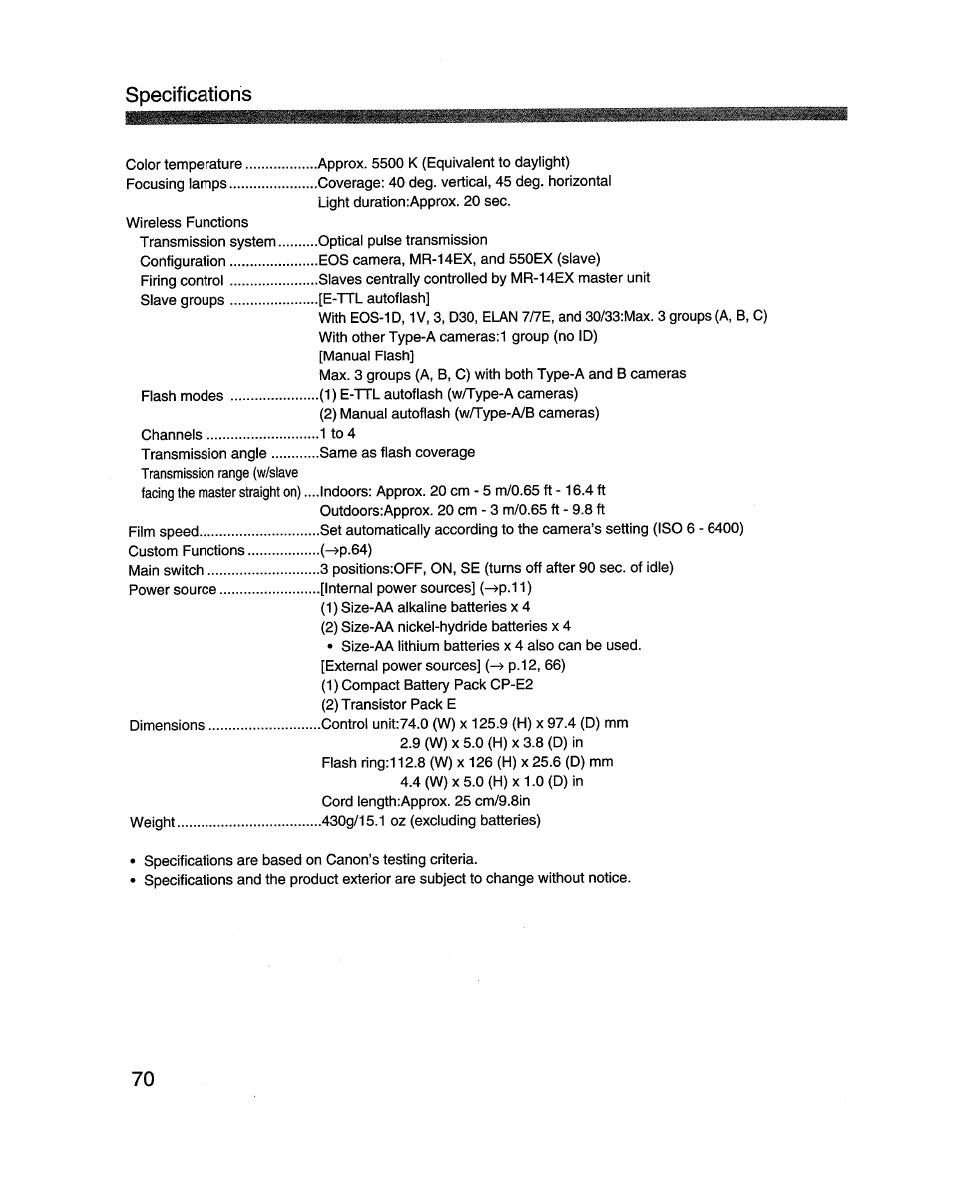 Specifications | Canon MR-14EX User Manual | Page 70 / 90