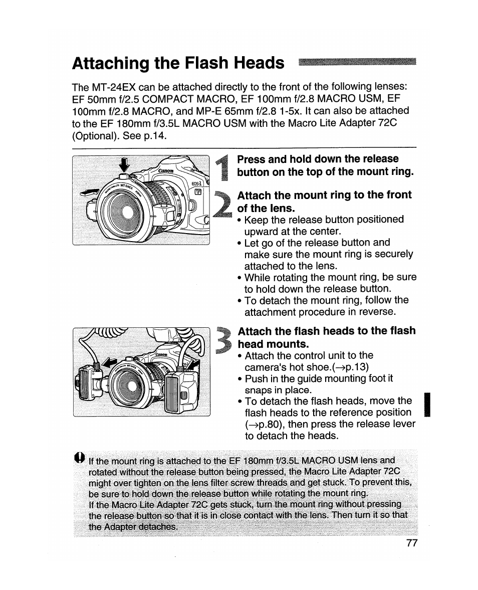 Attaching the flash heads, Attach the mount ring to the front of the lens, Attach the flash heads to the flash head mounts | Canon MR-14EX User Manual | Page 77 / 90