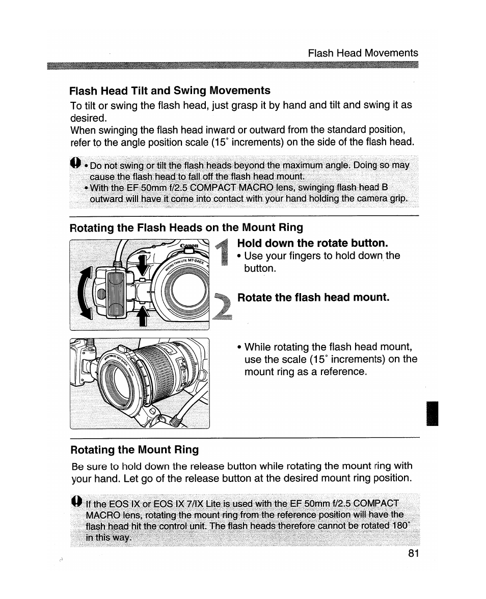 Flash head tilt and swing movements, Rotate the flash head mount, Rotating the mount ring | Canon MR-14EX User Manual | Page 81 / 90