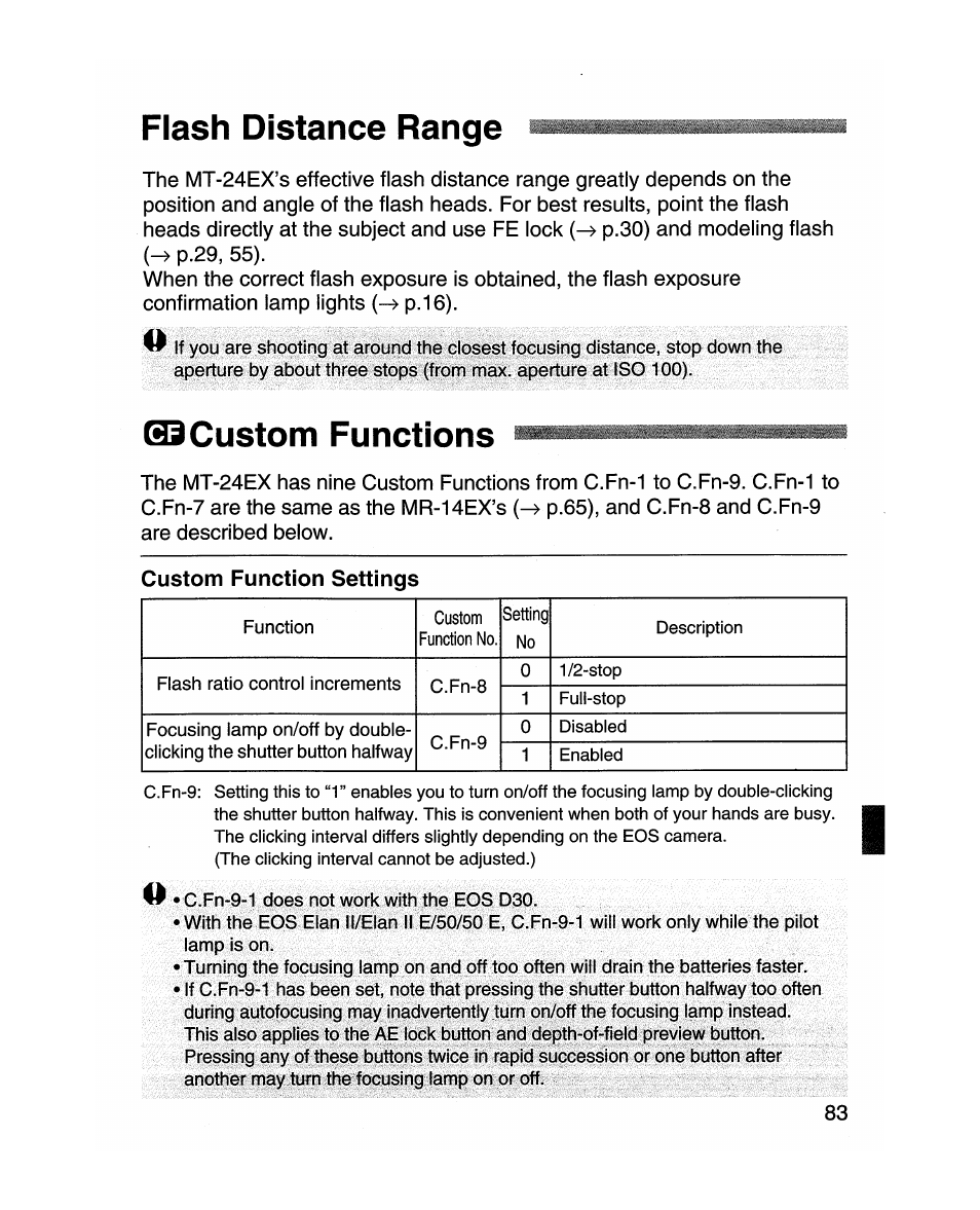 Flash distance range, Qscustom functions, Custom function settings | S3 custom functions | Canon MR-14EX User Manual | Page 83 / 90