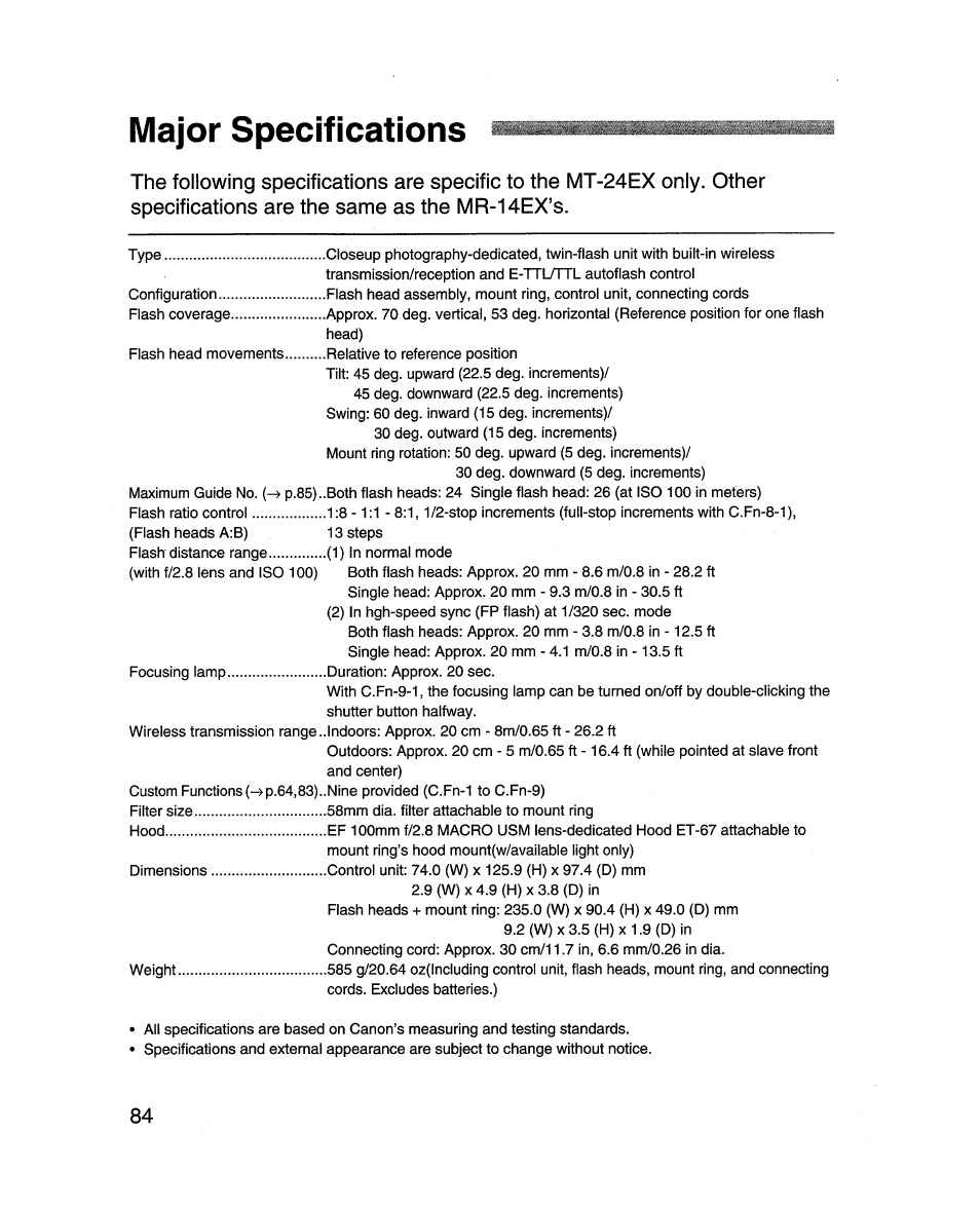 Major specifications | Canon MR-14EX User Manual | Page 84 / 90