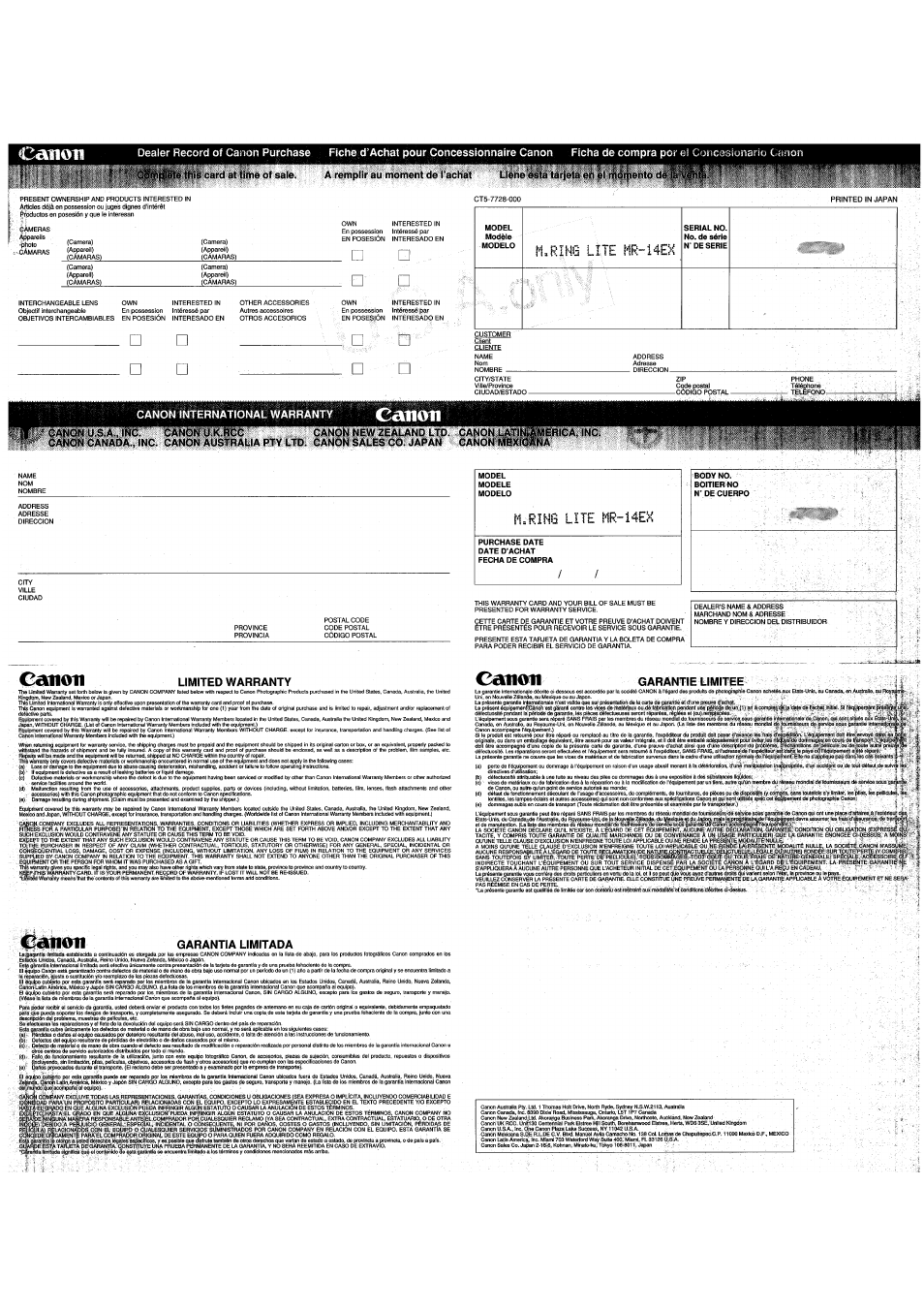 Canoti, Т-1ш, Canon | Dealer record of, Canon international warranty, M , r î n 8 l i t e, Limited warranty, Garantie limitee, Elation garantia limitada | Canon MR-14EX User Manual | Page 89 / 90