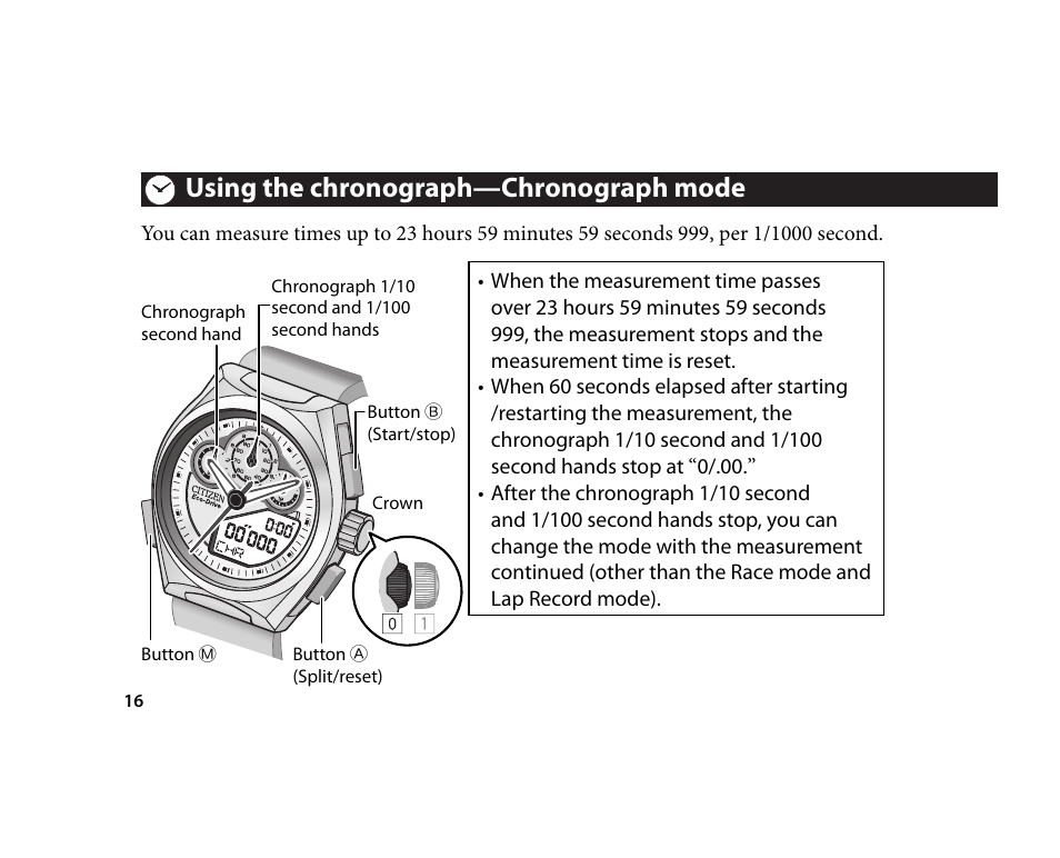 Using the chronograph—chronograph mode | CITIZEN U700 User Manual | Page 16 / 62