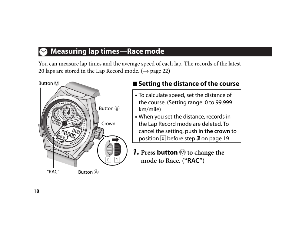 Measuring lap times—race mode | CITIZEN U700 User Manual | Page 18 / 62