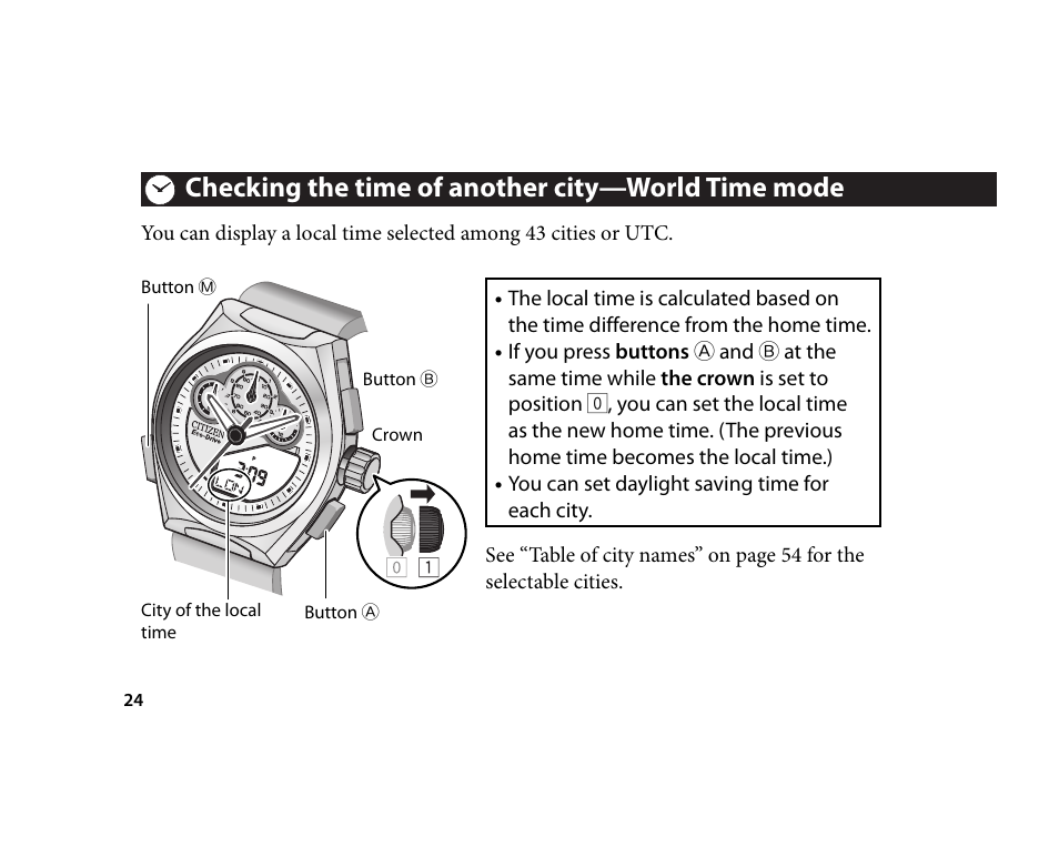 Checking the time of another city—world time mode | CITIZEN U700 User Manual | Page 24 / 62